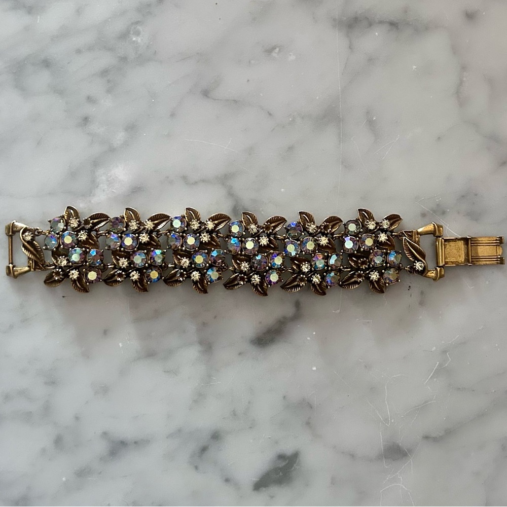 Vintage Florenza Aurora Borealis Rhinestone Patinated Gold Tone Bracelet Signed